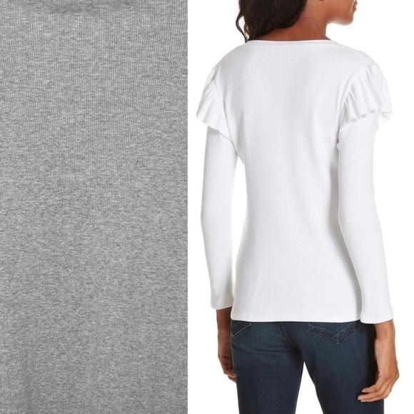 VERONICA BEARD Heather Grey Rib Knit Ruffle Shoulder V-Neck Long Sleeve Top XS - Picture 5 of 7